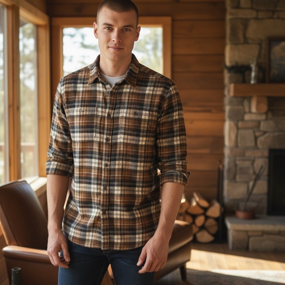 Eddie Bauer Mens‎ Shirt XL Brown Navy Plaid Flannel Outdoors Workwear Classic